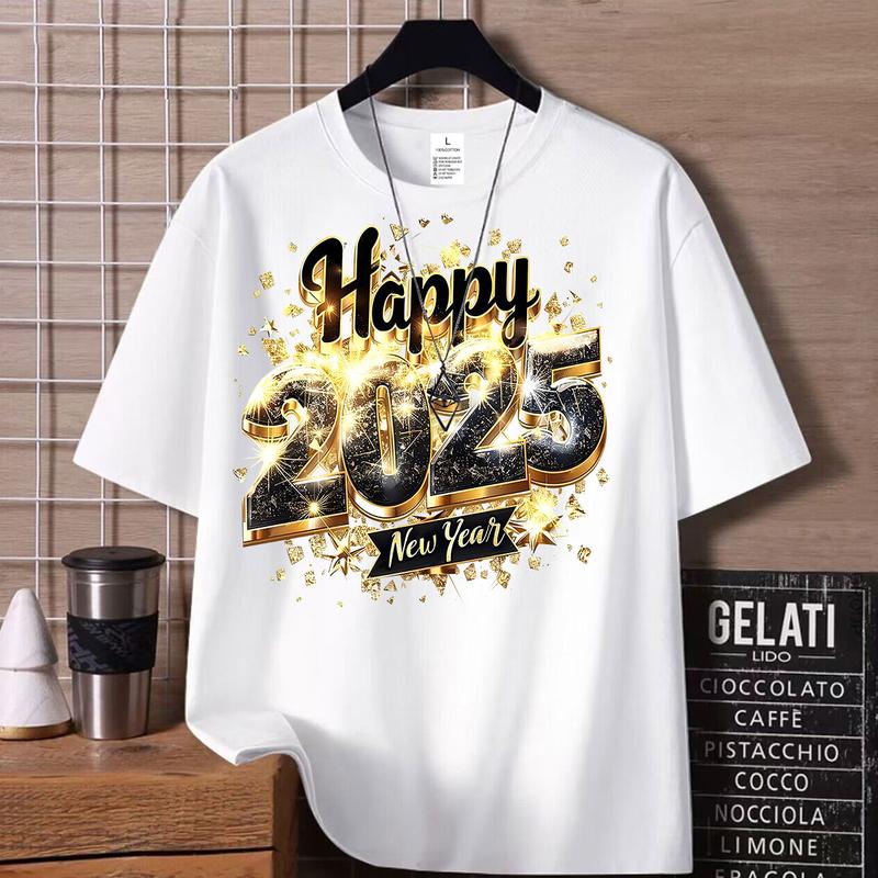 Happy New Year T-Shirts, Vintage art style t-shirt, Fashionable short-sleeved Tshirt for women and men